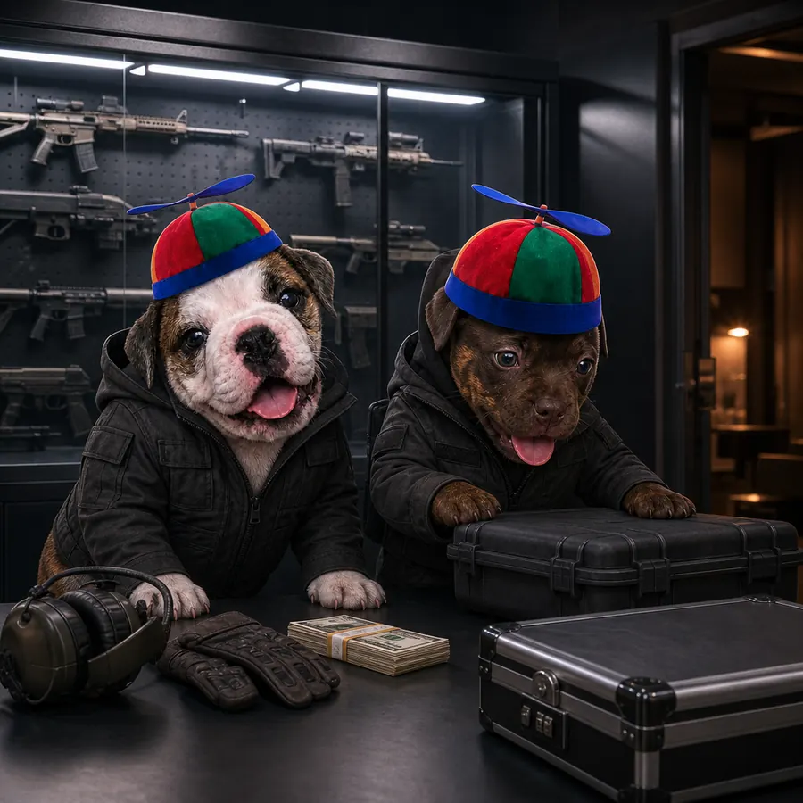 The two Bobs in tactical jackets at a counter with a cash stack and hard cases