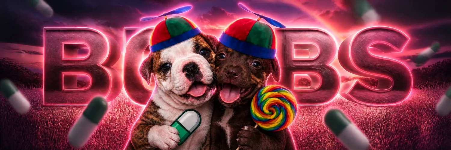 Bobs logo in glowing pink letters behind the two puppies, with pills floating around