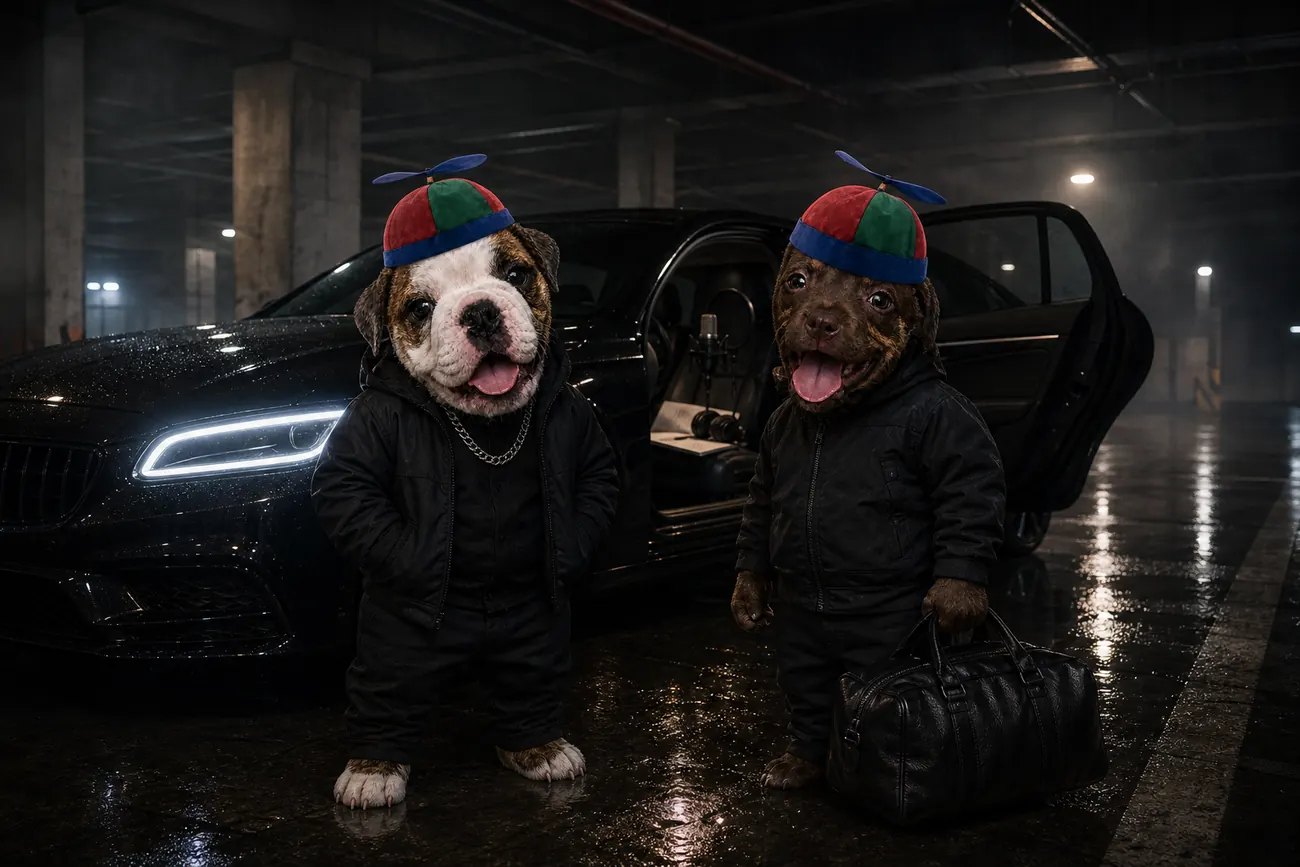 The two Bobs in black jackets beside a black car in an underground garage, one holding a duffel bag